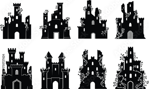 Fantasy castle silhouettes with towers, ruins, battlements, and turrets for medieval architecture, storytelling, game design, and vector illustration themes