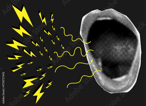 Female angry mouth shouting in retro dotted halftone style,cut out from magazine