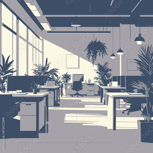Modern sunlit office interior with desks and plants.