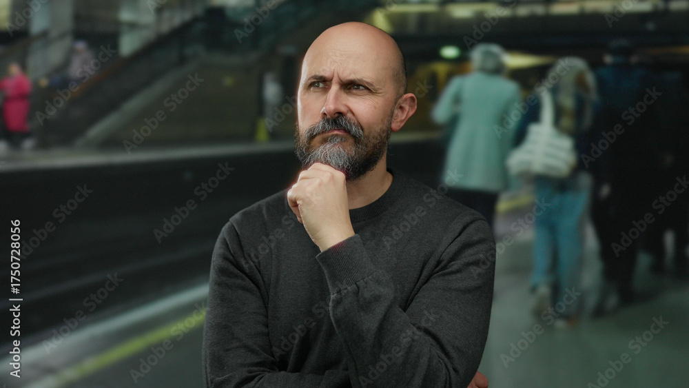 Naklejka premium Man with beard standing thoughtfully in bustling train station with blurred commuters and moving train background.
