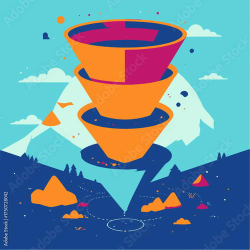 Abstract funnel system with cascading elements and mountain landscape.