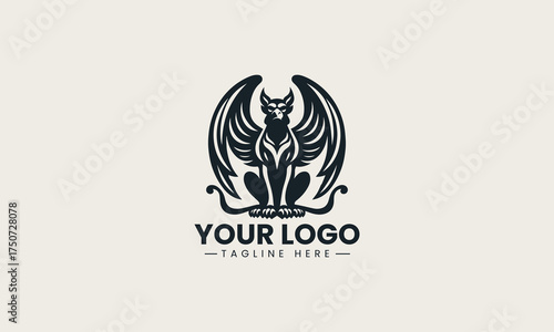 Majestic black vector logo illustration of a powerful seated mythical winged griffin creating an ancient protection symbol