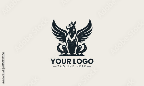 Majestic black vector logo illustration of a powerful seated mythical winged griffin creating an ancient protection symbol