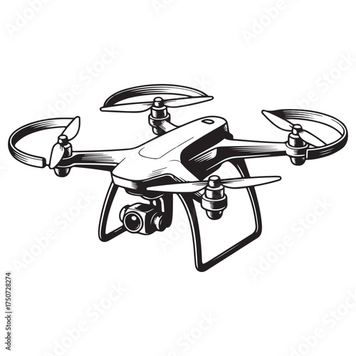 High-quality sketch of a modern drone with camera for aerial photography and videography silhouette vector