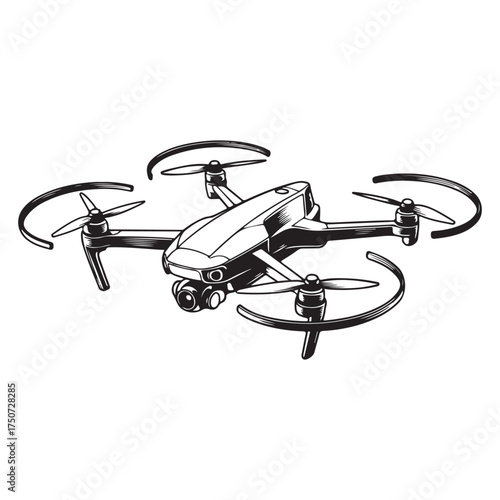 High-quality sketch of a modern drone with camera for aerial photography and videography silhouette vector