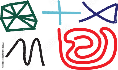 Colorful Abstract Geometric and Curved Shapes with Crayon Brush Texture