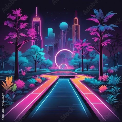 Neon cityscape with glowing pathways and palm trees at night