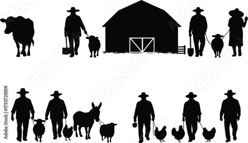 Farm life silhouette vector with farmers, barn, animals, tools, and walking scenes in black and white rural countryside illustration style