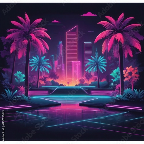 Neon cityscape with palm trees and reflective water