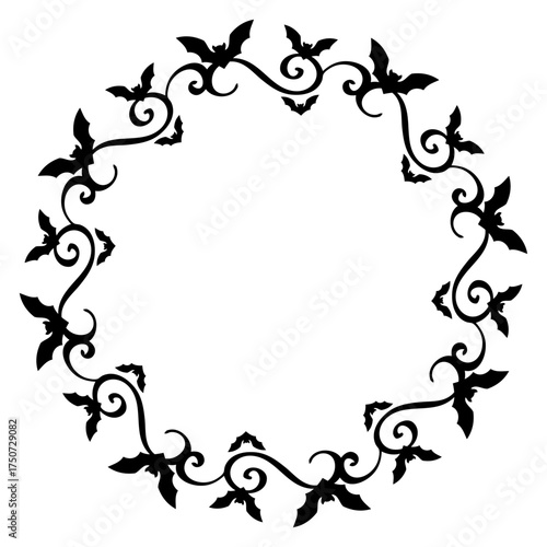 Logo con silueta de murciélagos con filigrana caligráfica. Corona circular con florituras para tarjetas y felicitaciones de Halloween