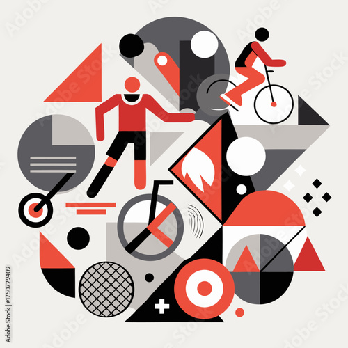 "Abstract Cycling Motion Icons – Geometric Urban Mobility Illustration in Red and Black"