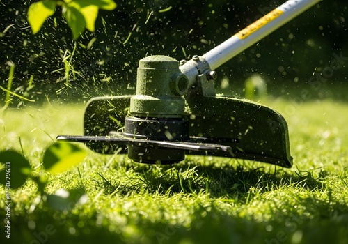 Grass Trimmer in Action Cutting Green Lawn with Flying Clippings, Summer Yard Work, Lawn Care, Garden Maintenance