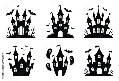 Set of 6 spooky haunted castle silhouettes vector illustration scalable eps icon for halloween design silhouette vector illustration white background