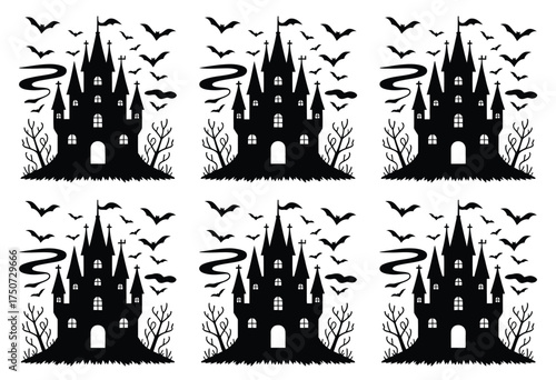 Set of six spooky silhouette haunted castles with bats and twisted trees for halloween vector graphic silhouette vector illustration white background