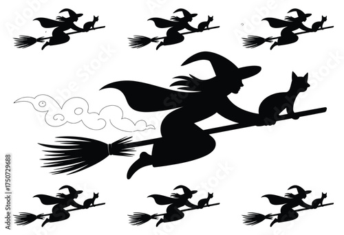 Striking set of six black silhouette halloween witches flying with cats on brooms vector illustration silhouette vector illustration white background