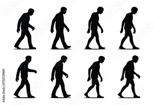 Set of 6 bundle silhouette illustrations of figures walking vector graphic for eps download silhouette vector illustration white background