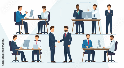 Diverse group of professionals collaborating and working in an office setting.