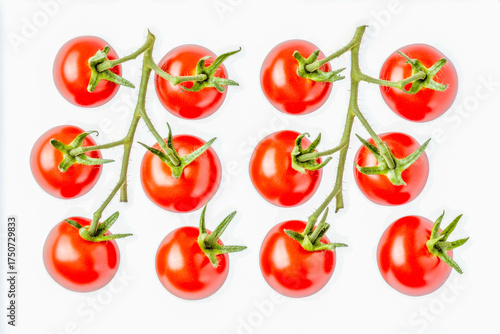 Wallpaper Mural Several bright red tomatoes on green vines are arranged neatly against a white background, showcasing their freshness and color Torontodigital.ca