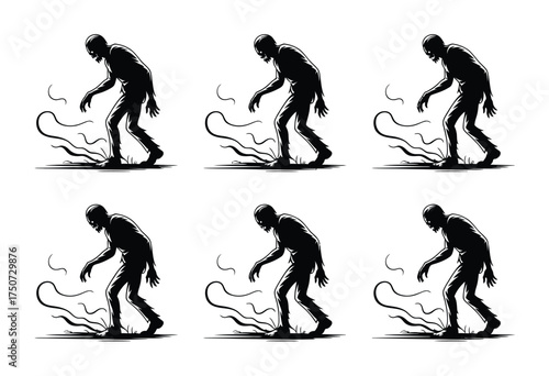 Striking set of six black silhouette illustrations of zombies emerging from the ground vector art silhouette vector illustration white background