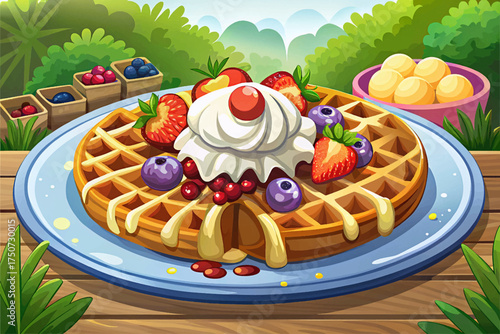 Belgian waffles topped with whipped cream, berries, and syrup sweet European breakfast favorite.