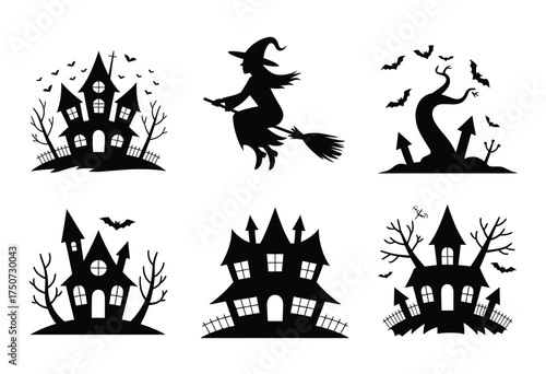 Halloween silhouettes bundle vector illustration set spooky haunted houses and witch on broomstick eps silhouette vector illustration white background