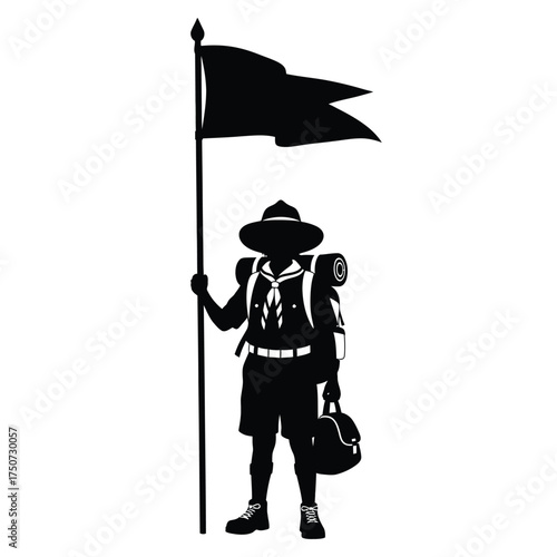 Silhouette of a scout holding a flag with backpack and bag standing on a white background