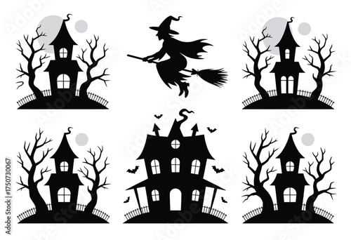 Set of six spooky halloween silhouette illustrations with haunted houses and a flying witch silhouette vector illustration white background
