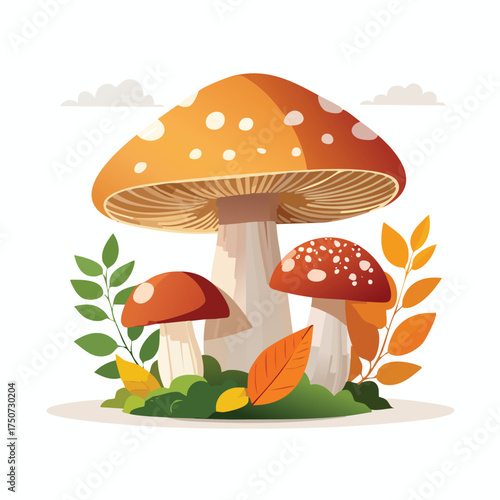 Group of colorful mushrooms in a whimsical landscape