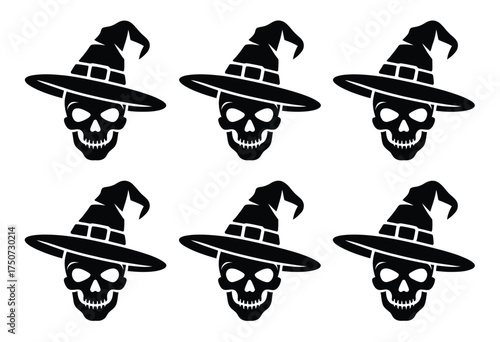 Six halloween witch skull silhouettes vector graphics set for spooky themed designs silhouette vector illustration white background