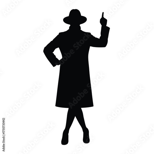 Silhouette of a person in a hat and coat pointing upwards with one hand on their hip in black