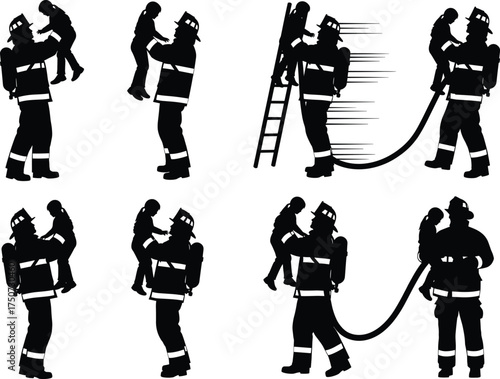 Firefighter rescuing children vector set in black silhouette style showing emergency rescue scenes, heroism, safety, and child protection moments