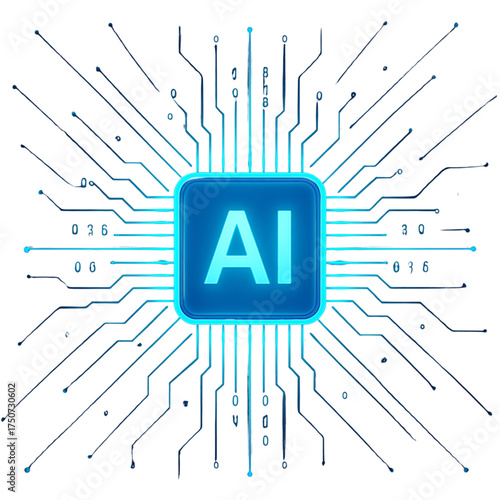 Futuristic Artificial Intelligence concept with a glowing blue CPU chip and circuit board connections on a white background