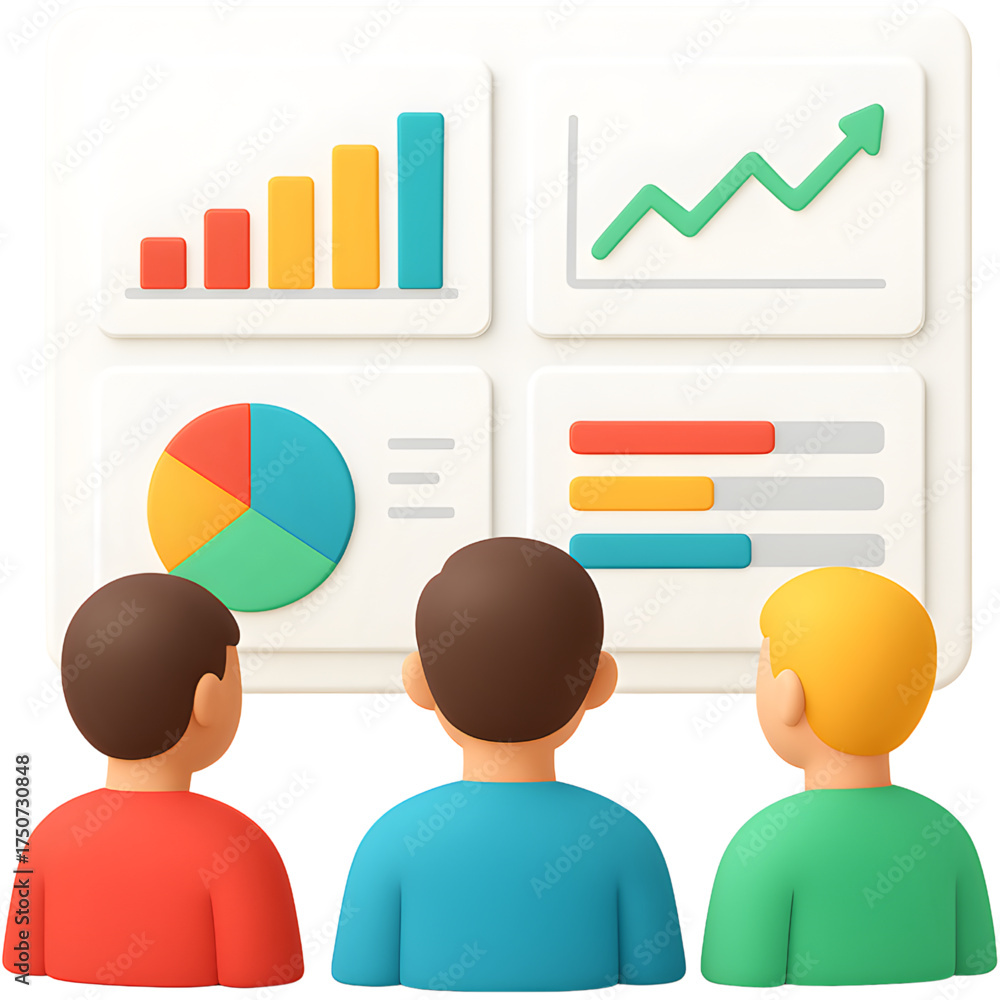 Obraz premium A professional team of colleagues analyzing business performance data on a digital dashboard with charts, graphs, and infographics for strategic planning and growth