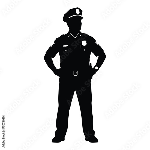 Silhouette of a police officer standing with hands on hips wearing a uniform and a hat badge
