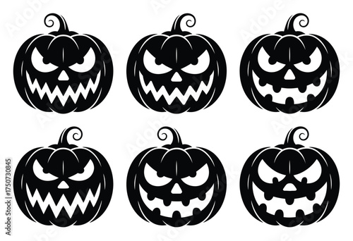 Six spooky halloween jack-o-lantern silhouettes vector illustration scalable eps graphics silhouette vector illustration white background