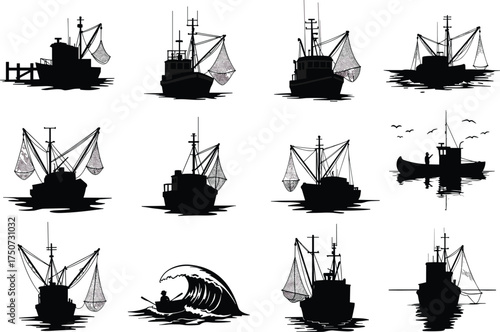 Fishing boat silhouettes with kayak paddler in wave, maritime vector set featuring nets, birds, ocean activity, perfect for nautical design themes