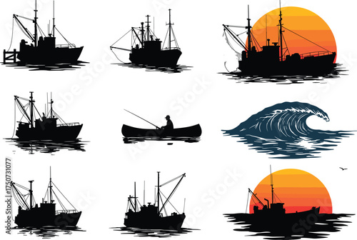 Fishing boat silhouettes with sunset, canoe paddler, ocean wave, bird in flight, perfect for nautical, travel, and adventure vector themes
