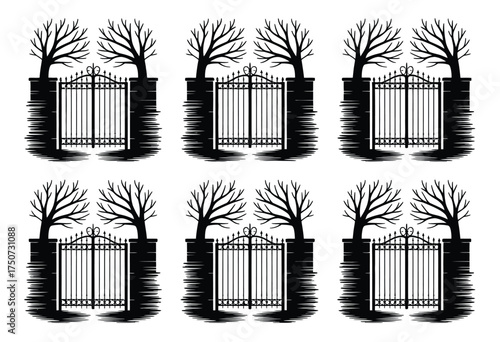Set of six black silhouette illustrations of ornate gates and bare trees vector graphic silhouette vector illustration white background