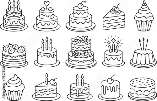 Celebration cakes and cupcakes doodle set