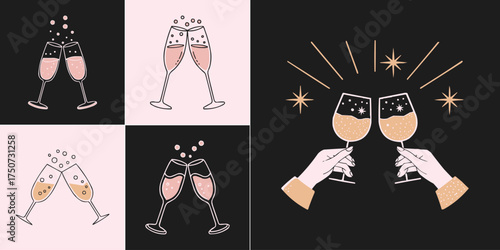 Elegant champagne glasses clinking with bubbles and sparkling stars for celebration party illustration