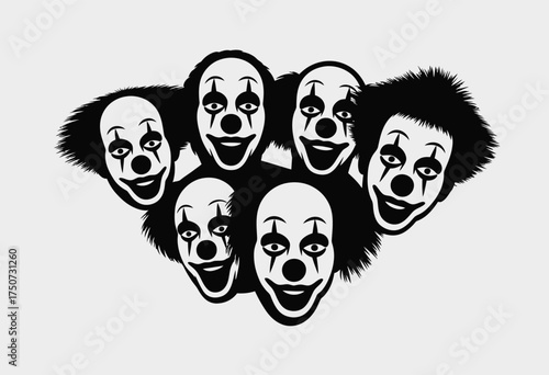 Six spooky clown faces vector illustration scalable eps icon set silhouette vector illustration white background