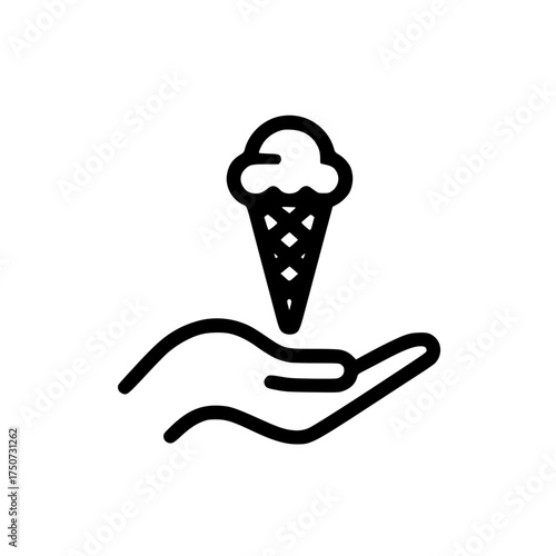 Ice cream cone above human palm symbolizing giving enjoyment product and summer delight