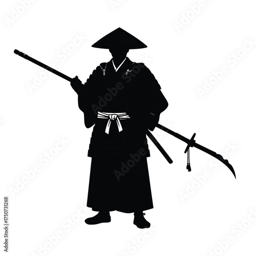 Silhouette of a samurai warrior in traditional clothing holding a naginata and a katana sword