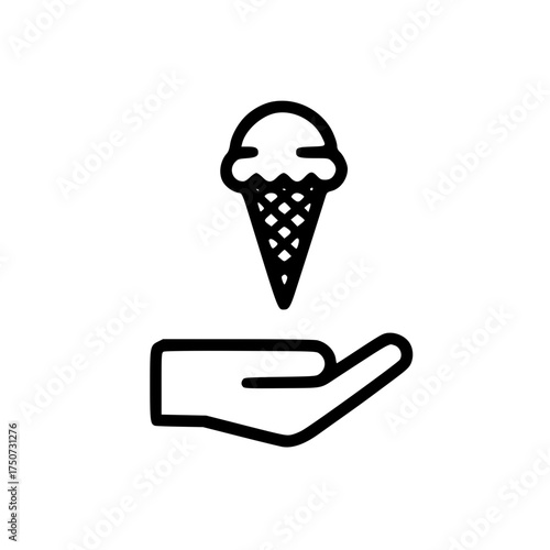 Ice cream cone icon above open palm symbolizing sweetness care food service and offering