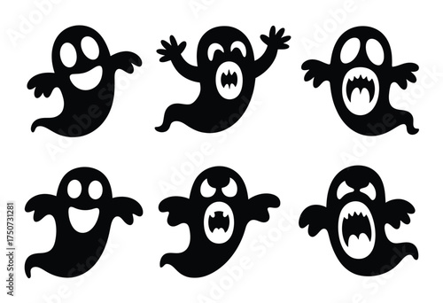 Spooky ghost silhouettes vector illustration bundle six eerie halloween characters scalable eps icon set silhouette vector illustration white background