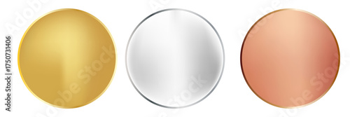 Award golden, silver and bronze blank medals 3d vector realistic illustration. First, second and third place medals or buttons isolated on white background. Vector Illustration