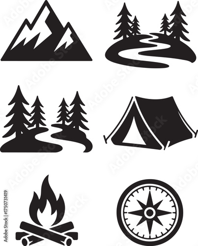 Adventure awaits explore mountains, trails, tent, fire, compass