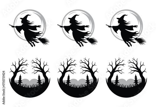 Set of six black silhouette illustrations of witches flying and spooky trees ideal for halloween eps silhouette vector illustration white background