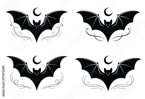 Set of six black silhouette bat illustrations with moon for halloween and spooky designs vector eps silhouette vector illustration white background