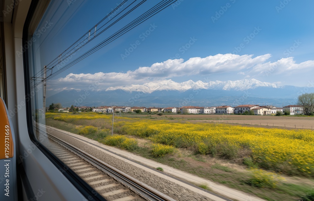 Naklejka premium Breathtaking view of the Alps from inside an express train traveling through Italy with blooming yellow rapeseed flowers